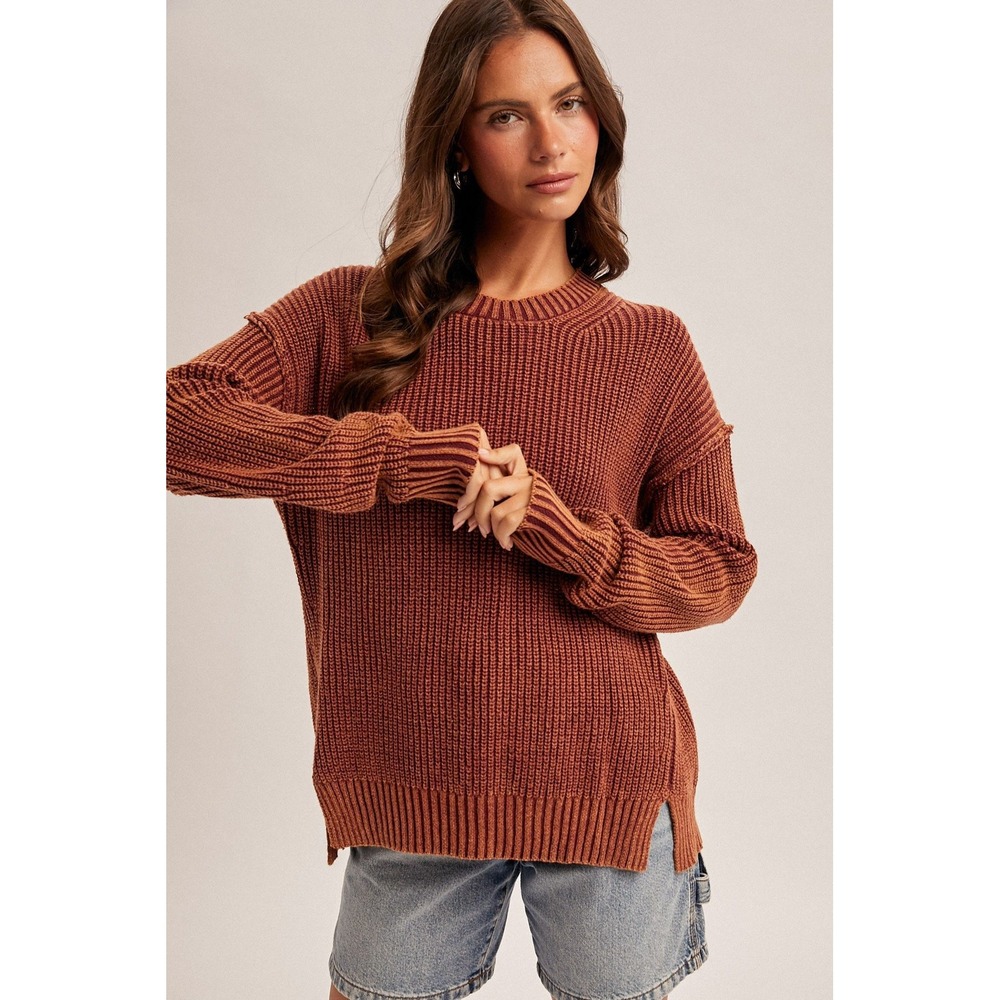 Hem & Thread Split Hem Oversized Crew Neck Knit Sweater Rust Brown Medium